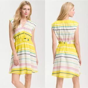 Presley Skye Sloane Belted Silk Blend Stripe Dress Mini Yellow White Pink Size L